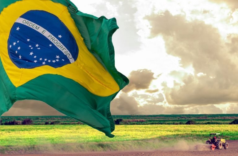 Bandeira do Brasil balançando com o vendo e atrás um trator vermelho plantando