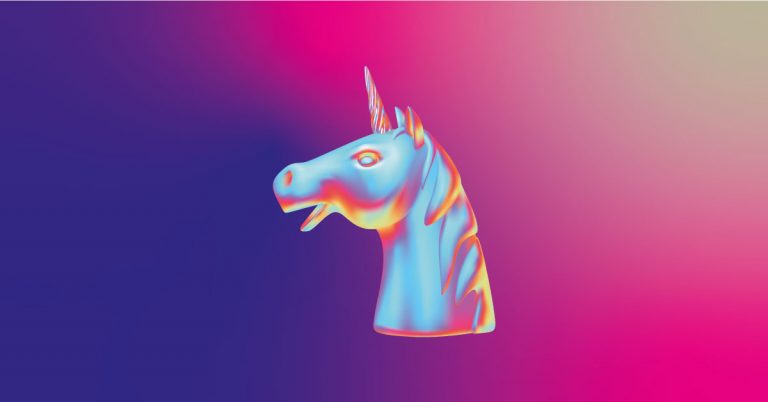 Cabeça de unicornio em um fundo colorido psicodelico